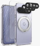 [Bundle] Google Pixel 11 | Fusion Ring + Screen & Camera Protectors - A clear protective phone case with a built-in circular MagSafe ring, shown alongside a matching clear screen protector and three black camera lens protectors, displayed on a light gray background.