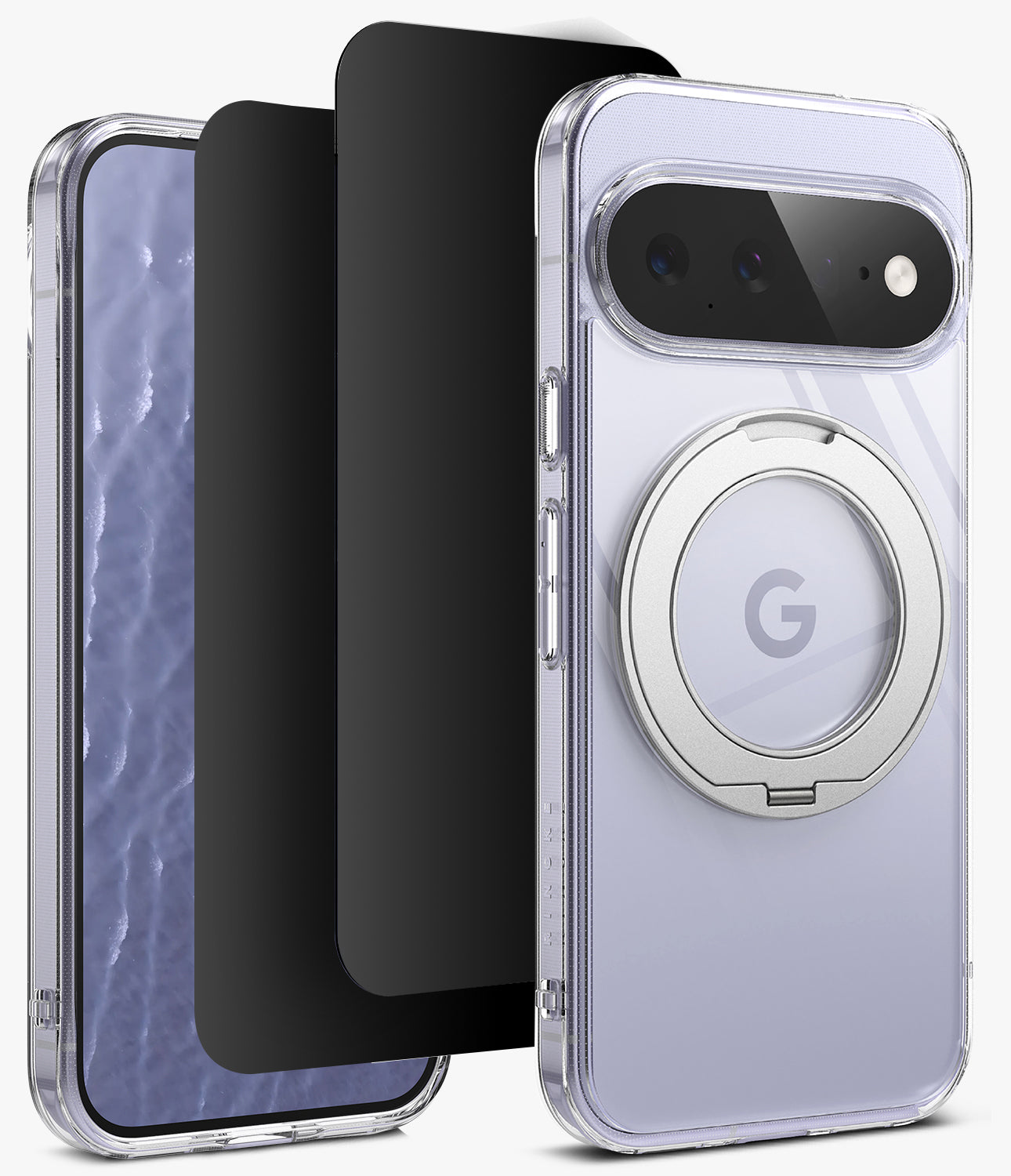 [Bundle] Google Pixel 11 | Fusion Ring + Privacy Protectors - A clear protective phone case with a built-in silver ring stand, shown alongside matching black screen protectors and a phone inside the case. The case has a transparent back with a light lavender tint, and the Google 'G' logo is visible on the ring.