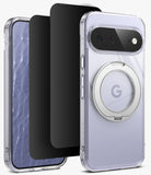 [Bundle] Google Pixel 11 | Fusion Ring + Privacy Protectors - A clear protective phone case with a built-in silver ring stand, shown alongside matching black screen protectors and a phone inside the case. The case has a transparent back with a light lavender tint, and the Google 'G' logo is visible on the ring.