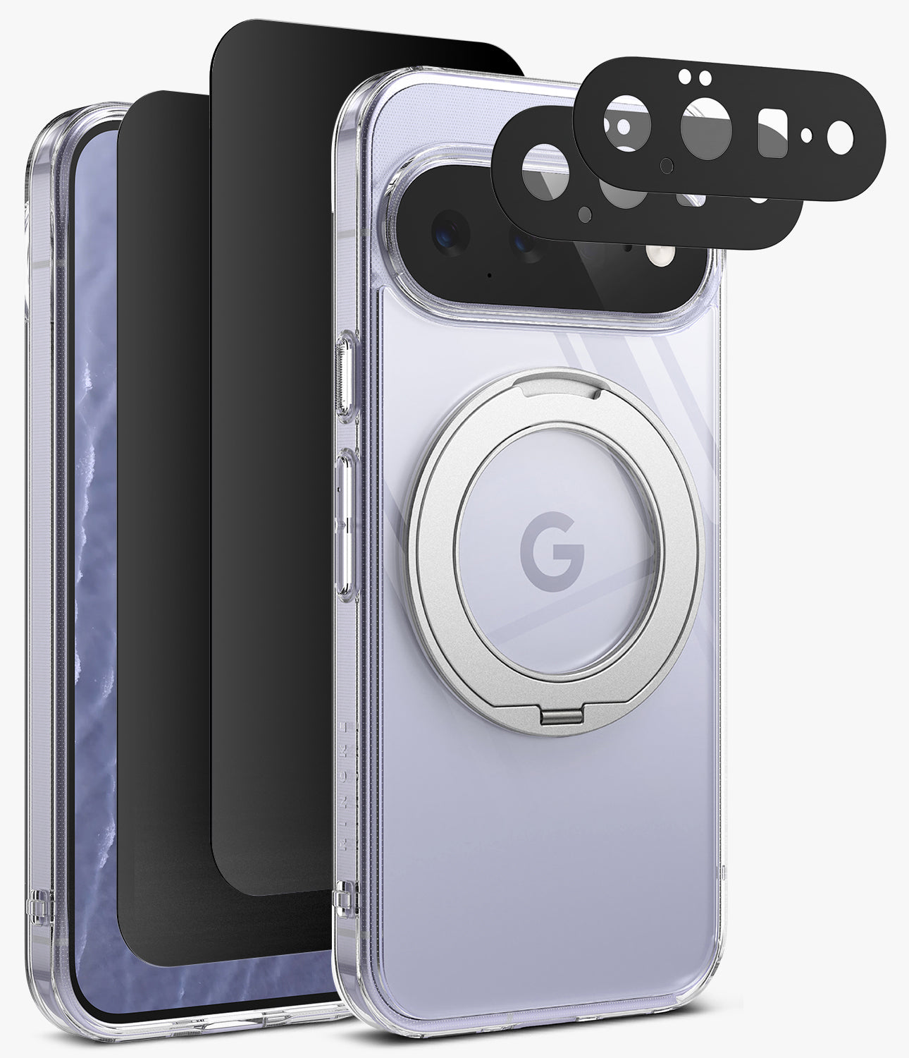 [Bundle] Google Pixel 11 | Fusion Ring + Privacy & Camera Protectors - A clear protective phone case with a built-in circular magnetic ring on the back, shown alongside matching black camera lens protectors and a second phone view. The case is transparent and the phone inside appears light lavender, photographed on a clean white background.
