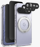 [Bundle] Google Pixel 11 | Fusion Ring + Privacy & Camera Protectors - A clear protective phone case with a built-in circular magnetic ring on the back, shown alongside matching black camera lens protectors and a second phone view. The case is transparent and the phone inside appears light lavender, photographed on a clean white background.