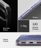 Google Pixel 11 Case | Fusion - A clear protective phone case shown in a multi-panel feature graphic. The collage includes close-ups of the case corner with a black background, the side buttons, a Google Pay logo, wireless charging symbol, and precise cutouts near the bottom.