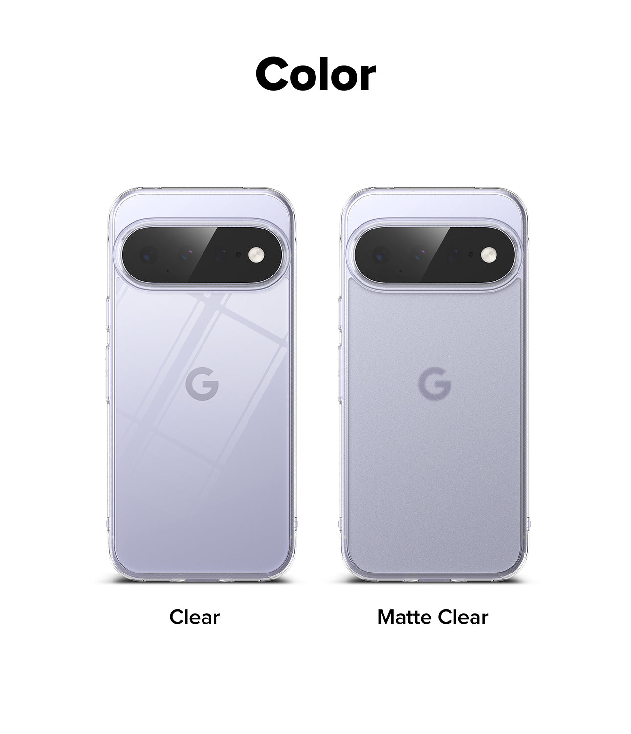 Google Pixel 11 Case | Fusion - A color comparison graphic showing two views of a phone case on a white background, labeled 'Color' at the top. The left case is labeled 'Clear' and appears transparent with a light phone showing through; the right case is labeled 'Matte Clear' and appears frosted/translucent with a soft lavender tint.