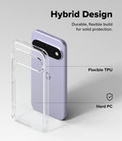 Google Pixel 11 Case | Fusion - A clear hybrid phone case shown beside a lavender smartphone on a light gray background, with text reading 'Hybrid Design,' 'Flexible TPU,' and 'Hard PC' to explain the protective materials.