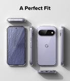 Google Pixel 11 Case | Fusion - A clear smartphone case shown from multiple angles on a light gray background, with the text 'A Perfect Fit' at the top. The phone inside has a lavender-blue screen and a visible Google 'G' logo on the back.