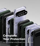 Google Pixel 11 Case | Fusion - A promotional product shot showing several smartphone cases in different colors arranged in a fan-like layout. One clear case has a black camera lens protector overlay, and large text at the bottom reads 'Complete Your Protection' with smaller text about Ringke Lens Frame Glass.