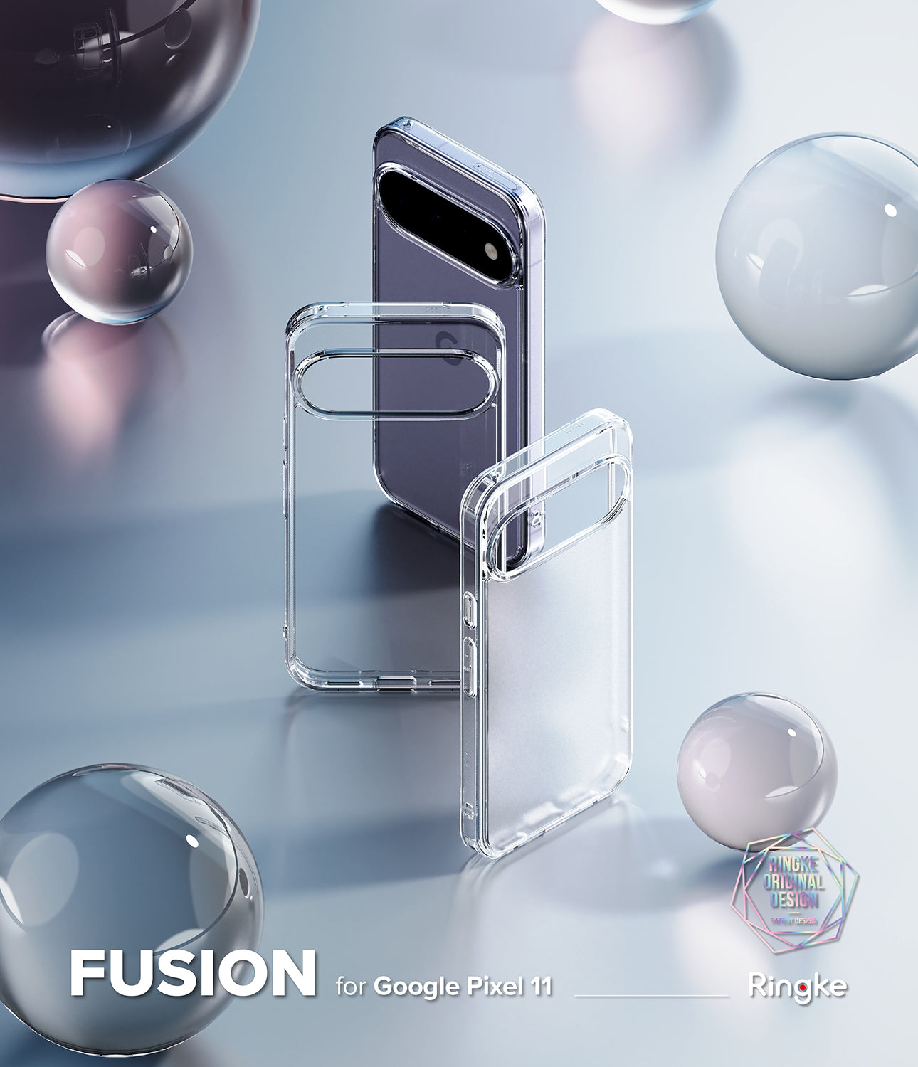 Google Pixel 11 Case | Fusion Matte - Clear protective phone case set shown on a smartphone, with two transparent cases standing upright and a phone partially inserted in the back case. The image includes floating glass spheres and text reading 'FUSION for Google Pixel 11' and 'Ringke'.