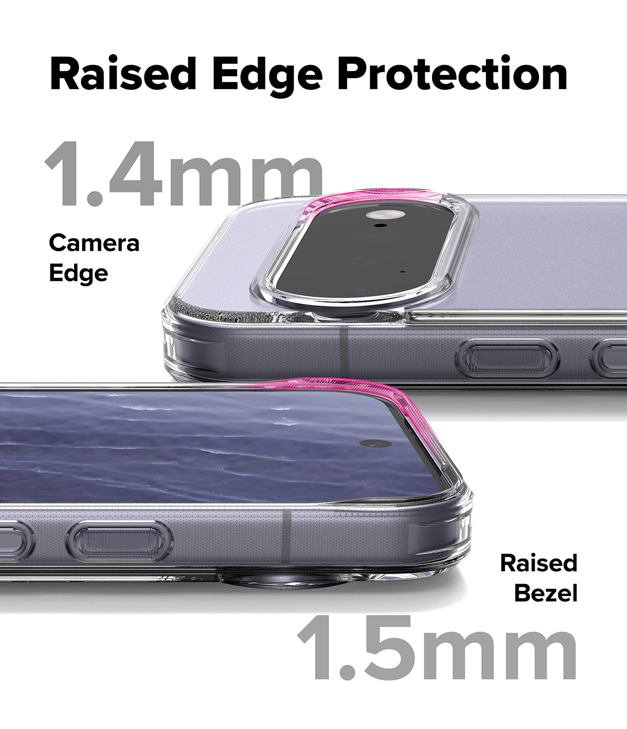 Google Pixel 11 Case | Fusion Matte - A clear phone case with raised protective edges shown on a smartphone, with text labels indicating 1.4mm camera edge protection and 1.