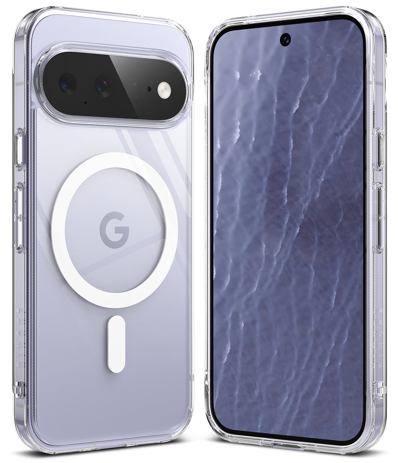 Google Pixel 11 Case | Fusion Magnetic - Two clear smartphone cases shown on phones against a white background. The left phone shows the back of a clear case with a large white MagSafe-style circular ring and a visible Google 'G' mark.