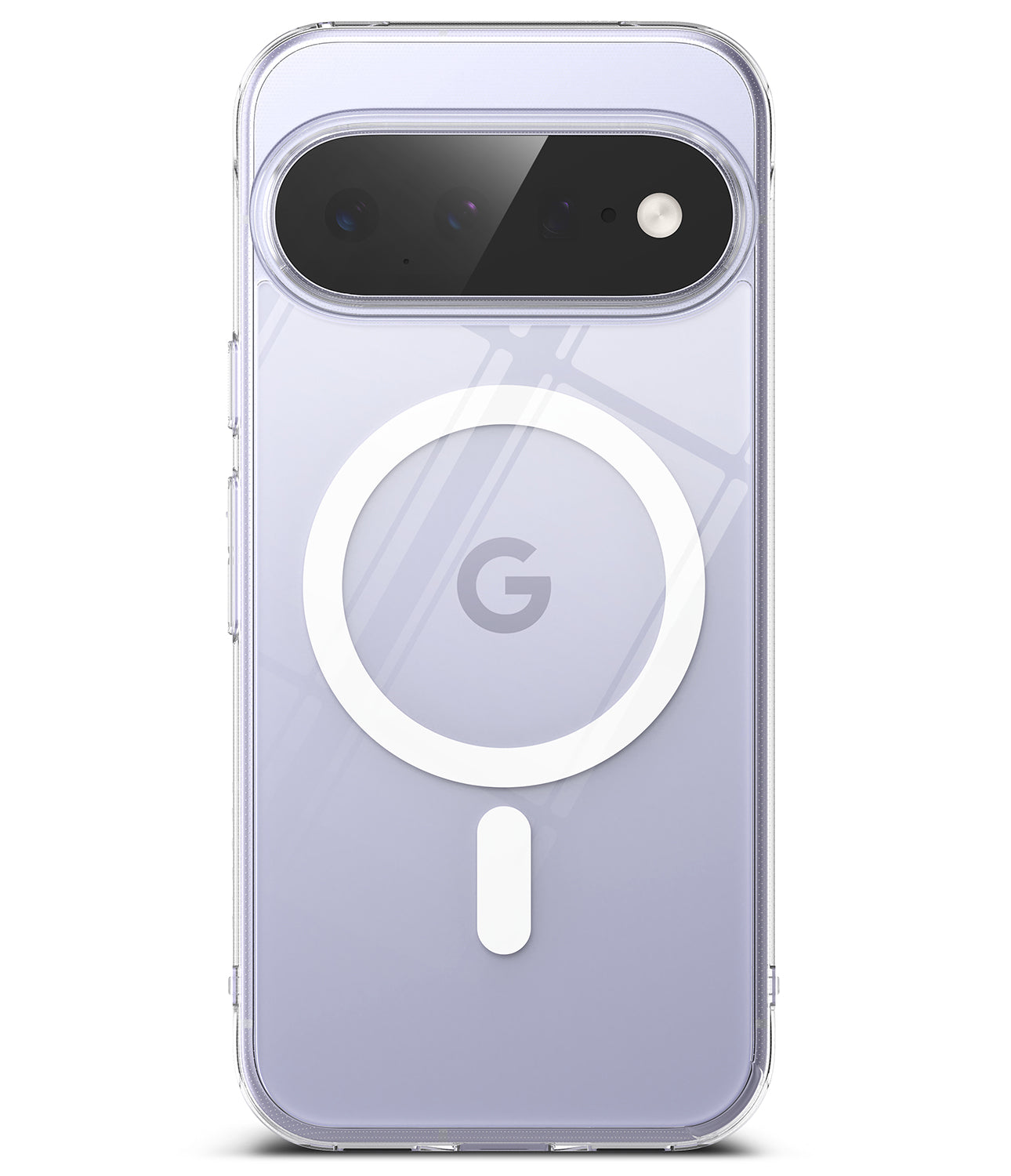 Google Pixel 11 Case | Fusion Magnetic - A clear protective phone case for a Google Pixel smartphone, featuring a prominent white MagSafe-compatible circular magnetic ring and a white vertical accent on the back. The phone inside has a light lavender-purple glass back.