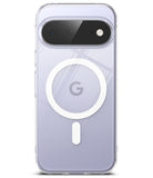 Google Pixel 11 Case | Fusion Magnetic - A clear protective phone case for a Google Pixel smartphone, featuring a prominent white MagSafe-compatible circular magnetic ring and a white vertical accent on the back. The phone inside has a light lavender-purple glass back.