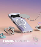 Google Pixel 11 Case | Fusion Magnetic - A clear magnetic phone case with a lavender-purple inner lining, shown floating on a soft pink and purple gradient background. The case features a built-in silver magnetic ring and is displayed with other matching magnetic accessories.