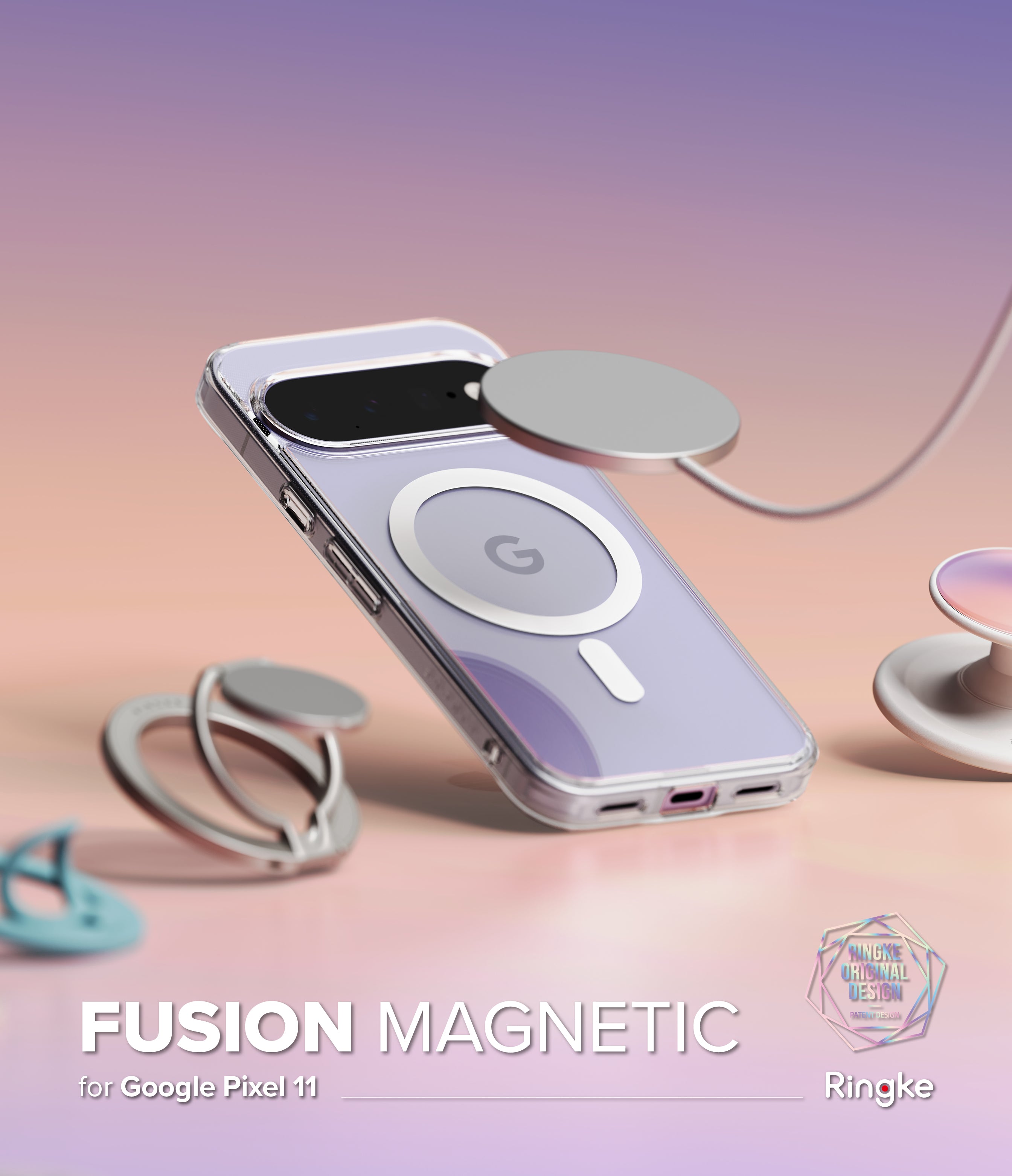 Google Pixel 11 Case | Fusion Magnetic - A clear magnetic phone case with a lavender-purple inner lining, shown floating on a soft pink and purple gradient background. The case features a built-in silver magnetic ring and is displayed with other matching magnetic accessories.