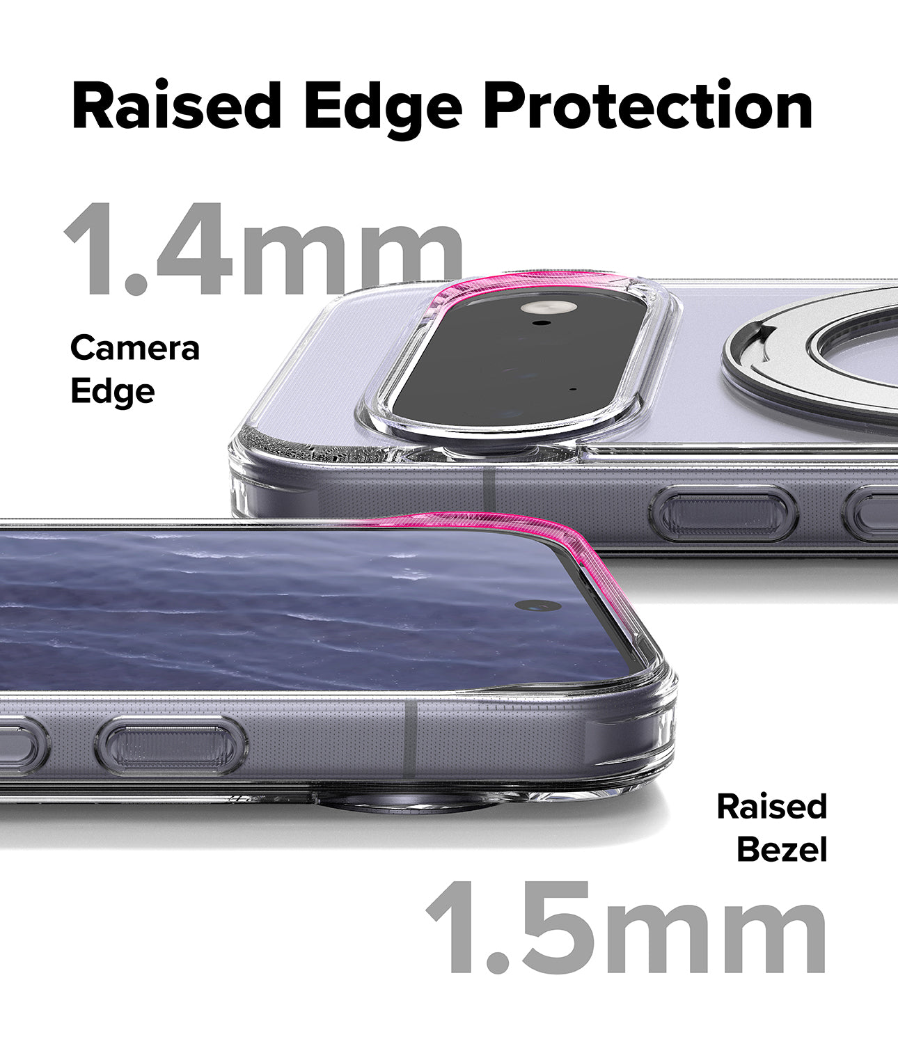 Google Pixel 11 Case | Fusion Ring - A promotional product graphic showing a transparent phone case with raised edges and a circular ring detail, labeled 'Raised Edge Protection' with measurements '1.4mm' for camera edge and '1.