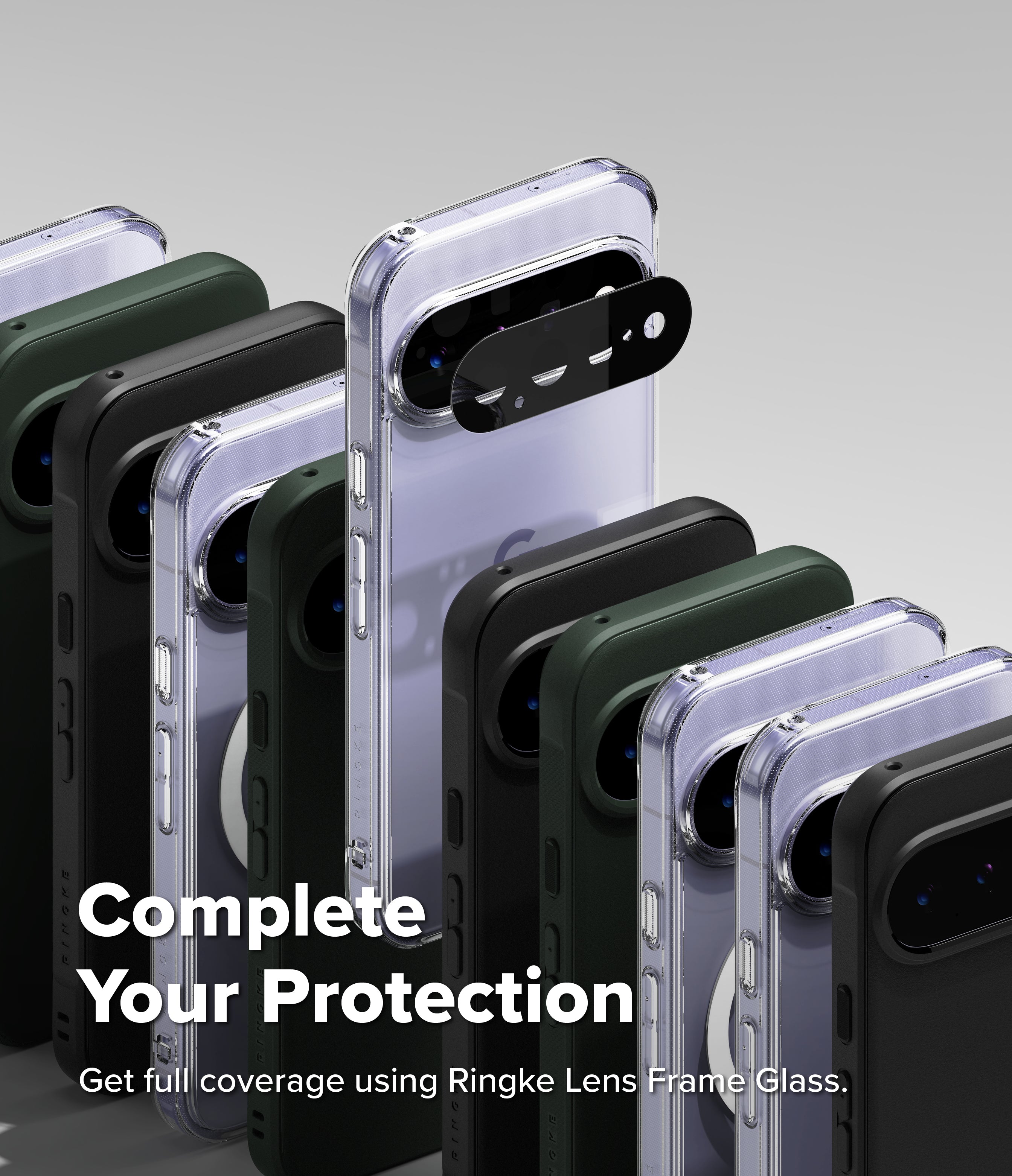 Google Pixel 11 Case | Fusion Magnetic - A promotional product shot showing several smartphone cases in different colors arranged in a fan-like stack, with a black Ringke lens frame glass accessory displayed on one phone. Large text reads, 'Complete Your Protection' and smaller text says, 'Get full coverage using Ringke Lens Frame Glass.