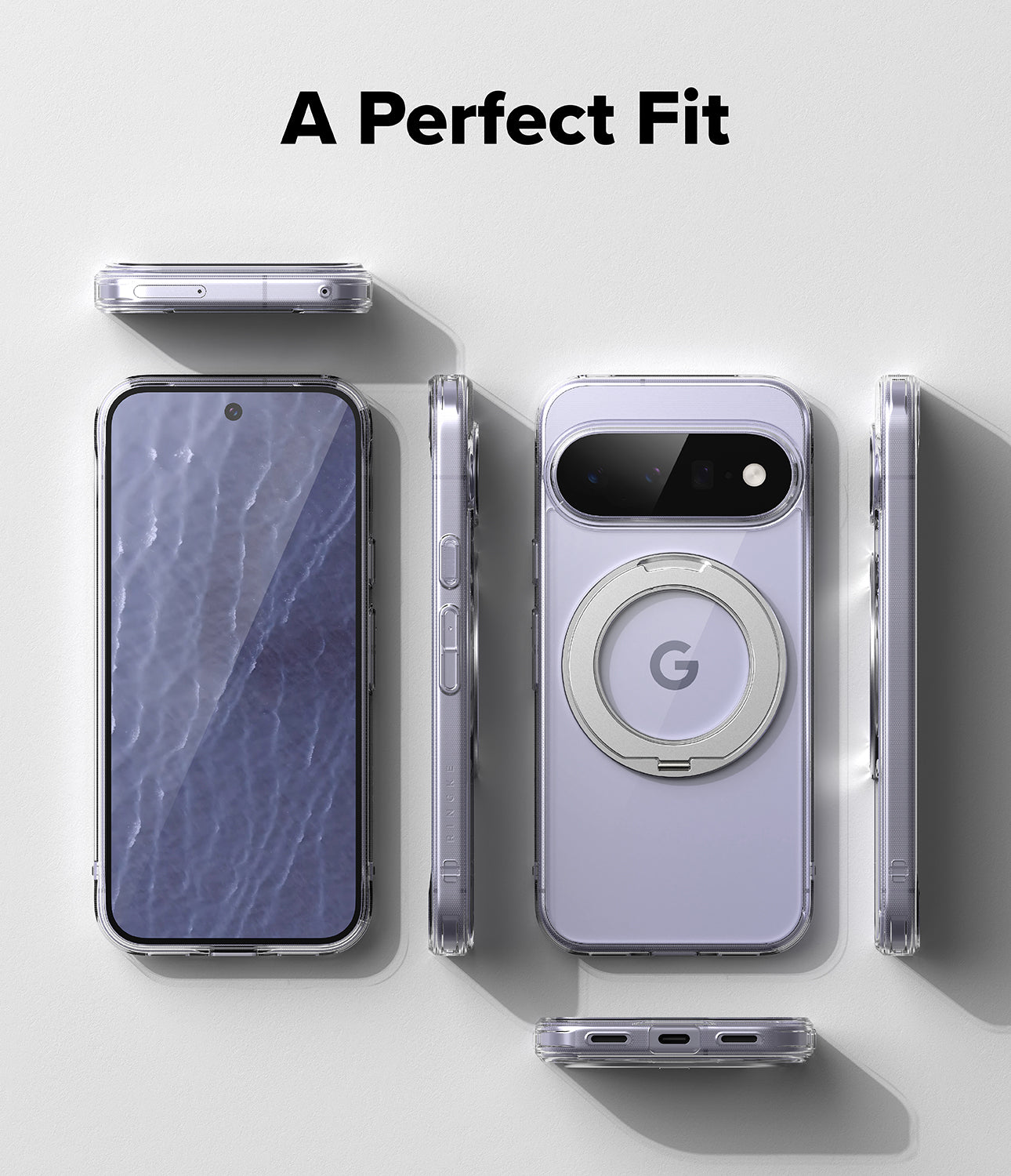 Google Pixel 11 Case | Fusion Ring - A clear protective phone case shown from multiple angles on a light gray background, with the text 'A Perfect Fit' at the top. The case is displayed on a lavender smartphone, showing a built-in circular MagSafe-style ring and a visible Google 'G' logo in the center.