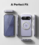 Google Pixel 11 Case | Fusion Ring - A clear protective phone case shown from multiple angles on a light gray background, with the text 'A Perfect Fit' at the top. The case is displayed on a lavender smartphone, showing a built-in circular MagSafe-style ring and a visible Google 'G' logo in the center.