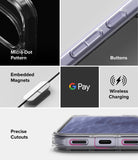 Google Pixel 11 Case | Fusion Magnetic - A 4-panel product feature collage for a transparent phone case. The top-left panel shows a close-up of the case with a black phone inside, labeled 'Micro-Dot Pattern'.