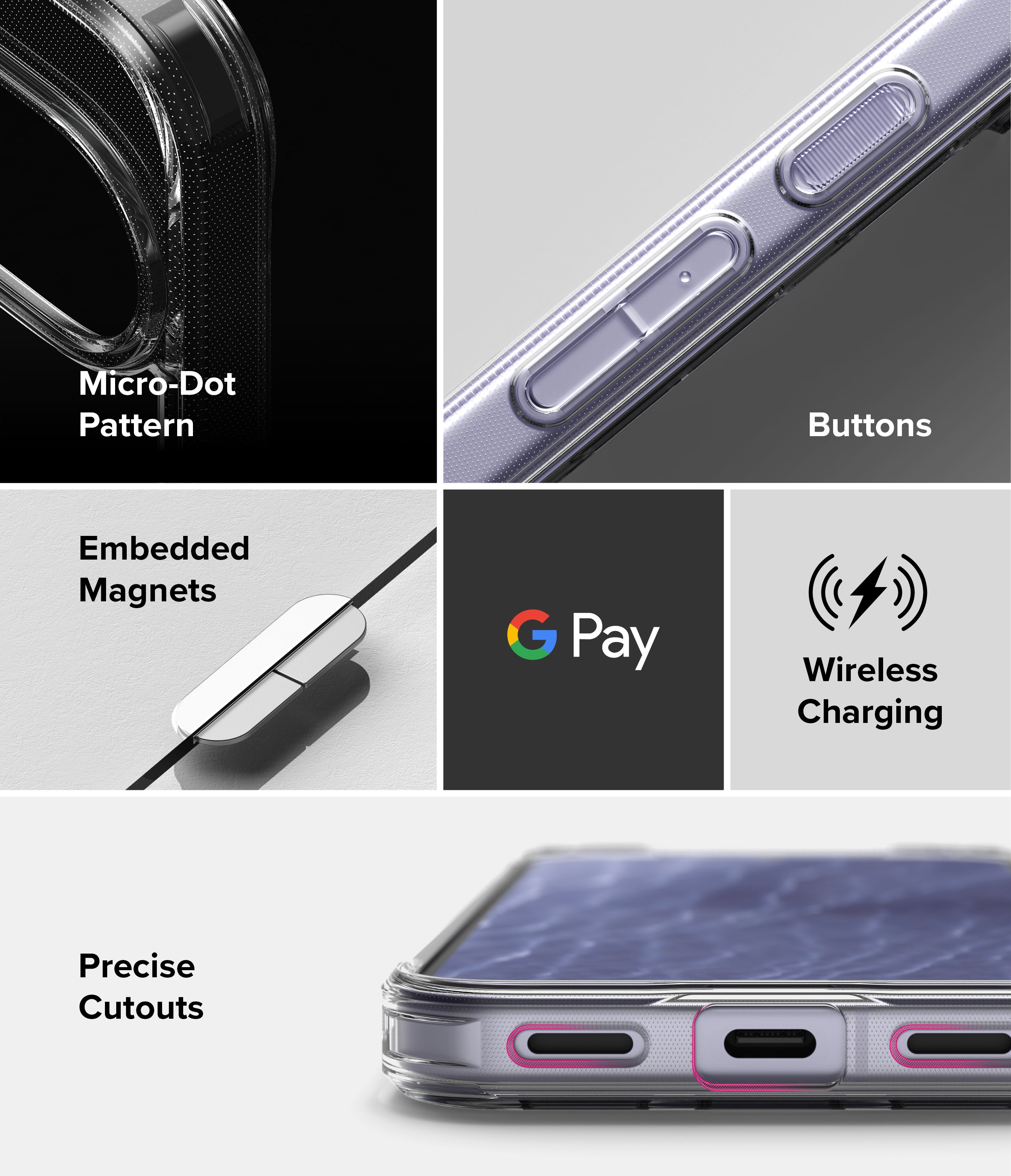 Google Pixel 11 Case | Fusion Magnetic - A 4-panel product feature collage for a transparent phone case. The top-left panel shows a close-up of the case with a black phone inside, labeled 'Micro-Dot Pattern'.
