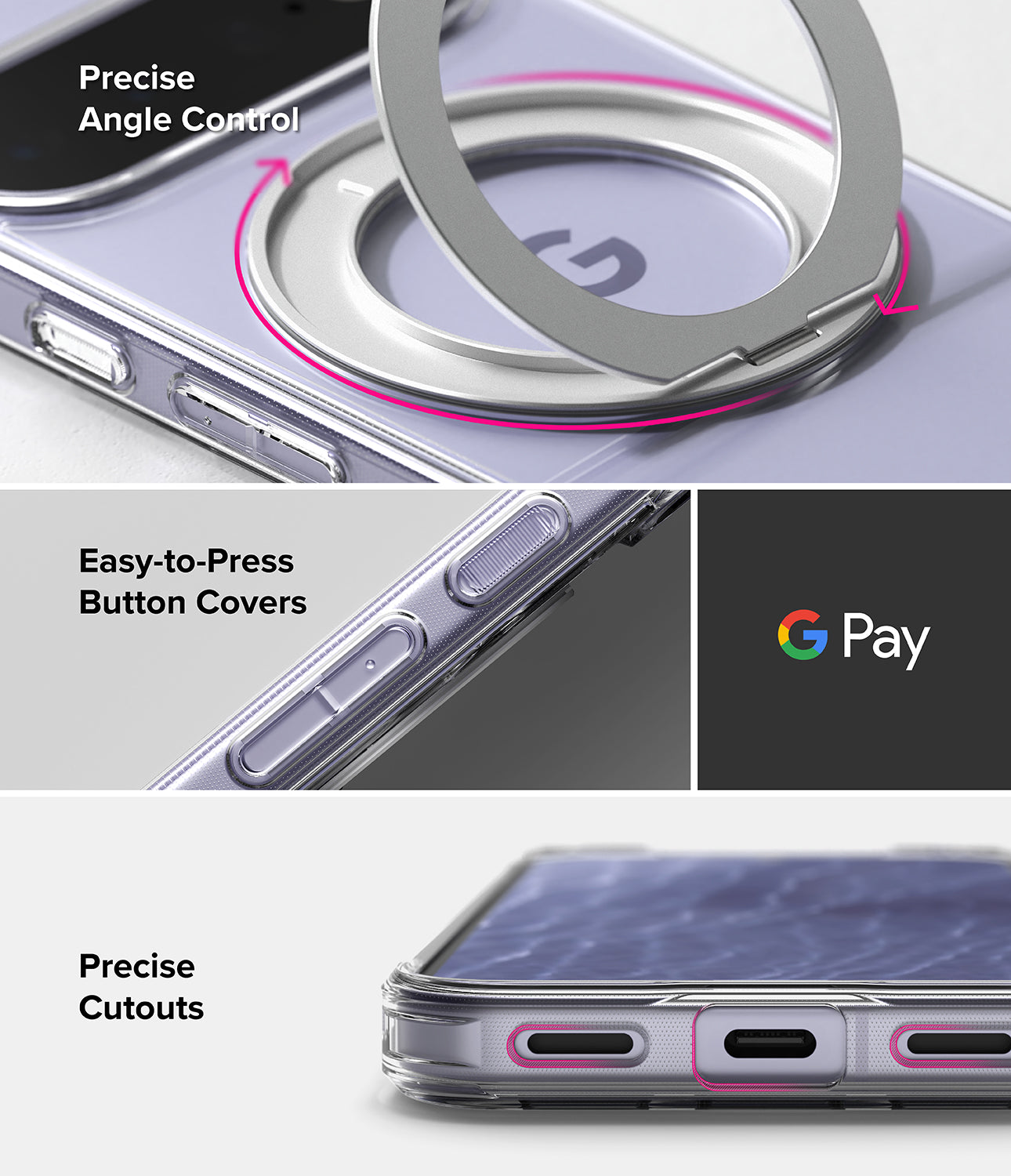 Google Pixel 11 Case | Fusion Ring - A clear protective phone case with a built-in metal ring stand and button cover, shown in three close-up panels highlighting precise angle control, easy-to-press button covers, and precise cutouts. The Google Pay logo is visible in one panel.