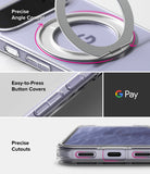 Google Pixel 11 Case | Fusion Ring - A clear protective phone case with a built-in metal ring stand and button cover, shown in three close-up panels highlighting precise angle control, easy-to-press button covers, and precise cutouts. The Google Pay logo is visible in one panel.