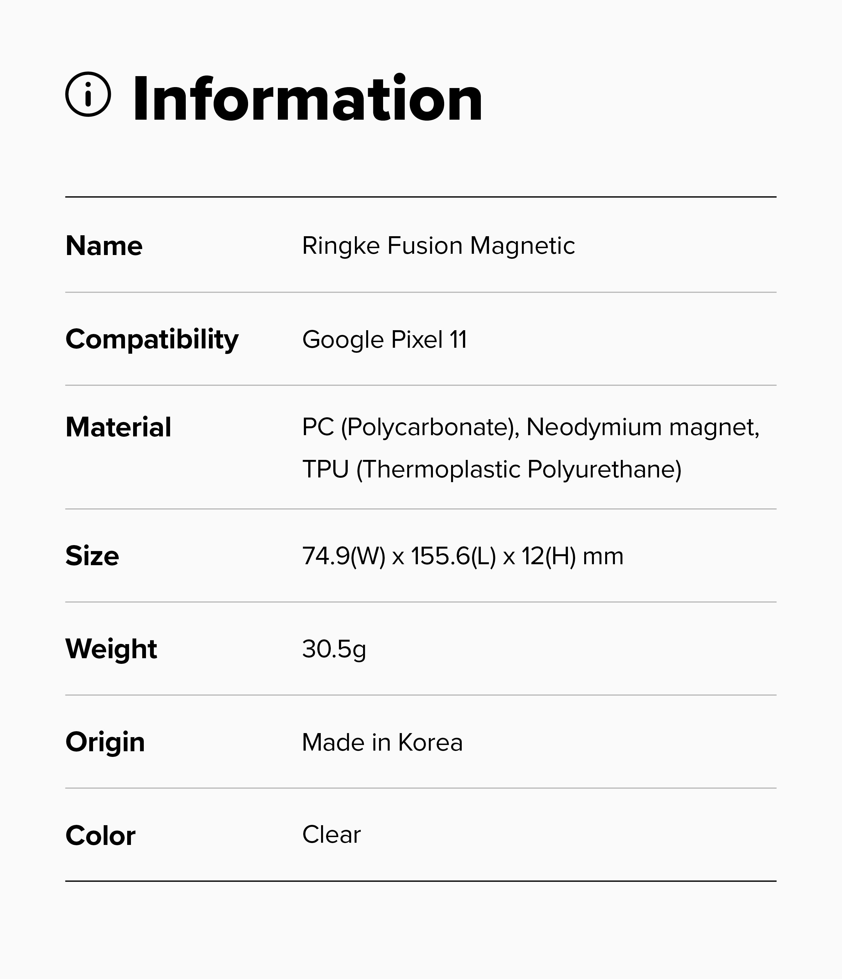Google Pixel 11 Case | Fusion Magnetic - Product information card for Ringke FusionX Magnetic case with specifications.