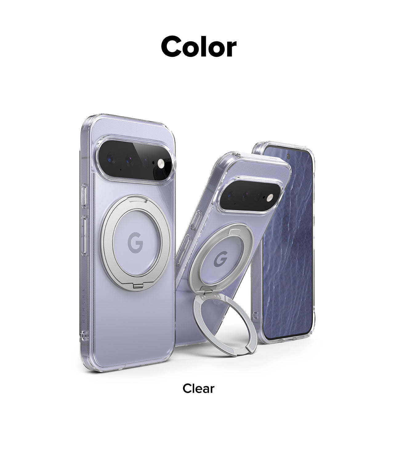 Google Pixel 11 Case | Fusion Ring - Three views of a clear phone case with a silver MagSafe ring and kickstand, shown on a white background with the text 'Color' at the top and 'Clear' at the bottom.