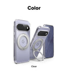 Google Pixel 11 Case | Fusion Ring - Three views of a clear phone case with a silver MagSafe ring and kickstand, shown on a white background with the text 'Color' at the top and 'Clear' at the bottom.