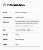 Google Pixel 11 Case | Fusion Ring - A black and white specification sheet showing product information for a Ringke Alles case compatible with the Galaxy Z Fold8 Ultra. The table lists material, size, weight, and origin, with the color specified as Black.