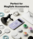 Google Pixel 11 Case | Fusion Magnetic - A promotional layout showing a lavender smartphone with a MagSafe-style ring on the back, surrounded by various MagSafe accessories including white rings, a black air vent mount, a white stand, and small circular holders in assorted colors. Text at the top reads, 'Perfect for MagSafe Accessories' with smaller text noting MagSafe accessories are sold separately.