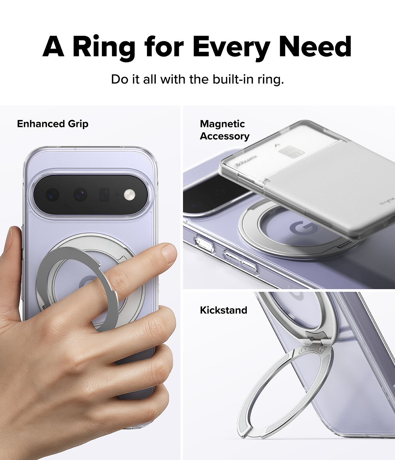 Google Pixel 11 Case | Fusion Ring - A clear phone case with a built-in silver magnetic ring stand, shown on a phone and demonstrated by a hand. The image includes text labels highlighting features: Enhanced Grip, Magnetic Accessory, and Kickstand, on a clean white background.
