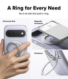 Google Pixel 11 Case | Fusion Ring - A clear phone case with a built-in silver magnetic ring stand, shown on a phone and demonstrated by a hand. The image includes text labels highlighting features: Enhanced Grip, Magnetic Accessory, and Kickstand, on a clean white background.