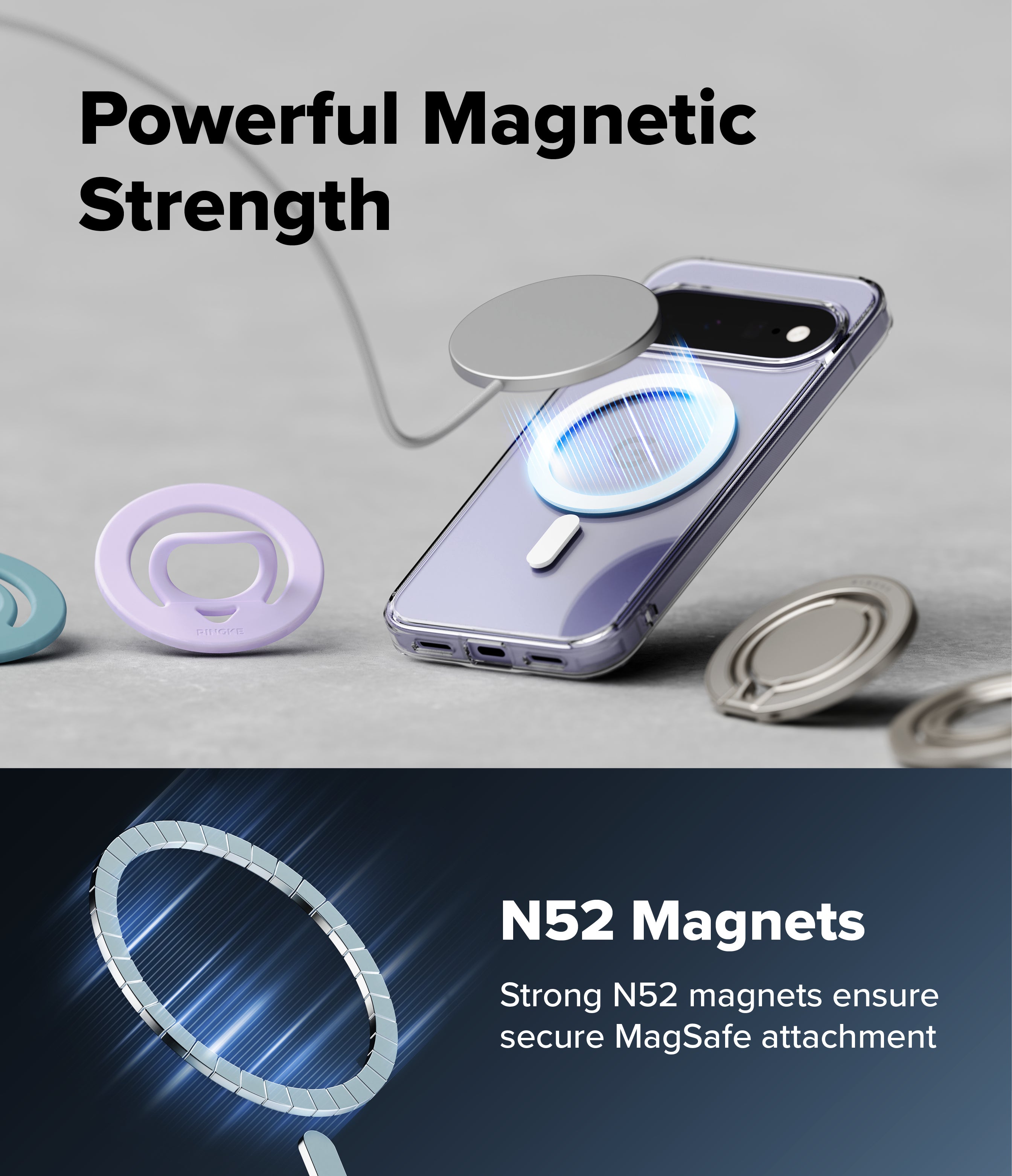 Google Pixel 11 Case | Fusion Magnetic - A smartphone case with built-in MagSafe-style magnetic rings, shown with several circular magnets around it on a light gray surface. Large text reads 'Powerful Magnetic Strength' and 'N52 Magnets Strong N52 magnets ensure secure MagSafe attachment.