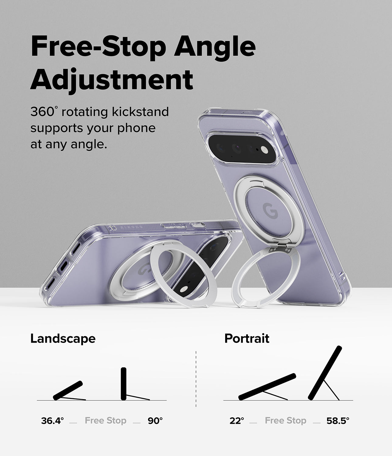 Google Pixel 11 Case | Fusion Ring - A clear phone case with a built-in kickstand and circular ring detail, shown in two views on a light gray background with text explaining free-stop angle adjustment for landscape and portrait orientations.