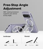 Google Pixel 11 Case | Fusion Ring - A clear phone case with a built-in kickstand and circular ring detail, shown in two views on a light gray background with text explaining free-stop angle adjustment for landscape and portrait orientations.