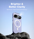 Google Pixel 11 Case | Fusion Magnetic - A clear MagSafe-compatible phone case shown on a smartphone, standing on dark rocks against a light blue sky. White text at the top reads 'Brighter & Better Clarity' with smaller text below about transparency.