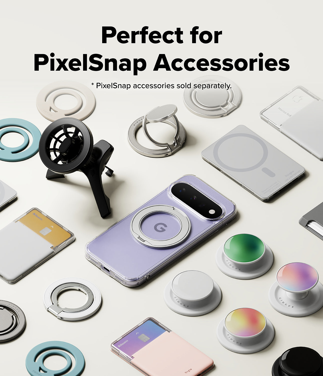 Google Pixel 11 Case | Fusion Ring - A promotional flat lay showing a lavender phone case with a circular MagSafe ring, surrounded by various PixelSnap accessories including ring stands, pop sockets, and mounting pieces on a light beige background. Text at the top reads 'Perfect for PixelSnap Accessories' with a note that PixelSnap accessories are sold separately.