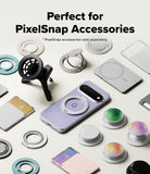 Google Pixel 11 Case | Fusion Ring - A promotional flat lay showing a lavender phone case with a circular MagSafe ring, surrounded by various PixelSnap accessories including ring stands, pop sockets, and mounting pieces on a light beige background. Text at the top reads 'Perfect for PixelSnap Accessories' with a note that PixelSnap accessories are sold separately.