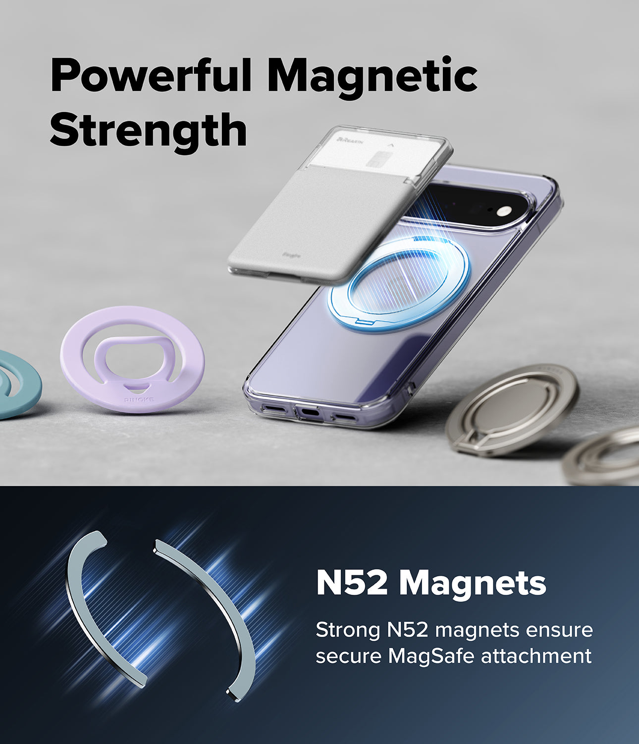 Google Pixel 11 Case | Fusion Ring - A clear magnetic phone case with a built-in card slot and MagSafe ring, shown floating over a gray surface with several colorful circular magnets around it. Text reads 'Powerful Magnetic Strength' and 'N52 Magnets Strong N52 magnets ensure secure MagSafe attachment.
