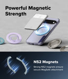 Google Pixel 11 Case | Fusion Ring - A clear magnetic phone case with a built-in card slot and MagSafe ring, shown floating over a gray surface with several colorful circular magnets around it. Text reads 'Powerful Magnetic Strength' and 'N52 Magnets Strong N52 magnets ensure secure MagSafe attachment.