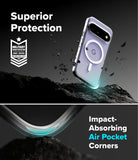 Google Pixel 11 Case | Fusion Magnetic - A clear protective phone case shown on a smartphone, with marketing text reading 'Superior Protection' and 'Impact-Absorbing Air Pocket Corners.' The case appears transparent with a subtle blue glow at the edges, and the phone is floating above dark rocky terrain in a dramatic studio-style graphic.