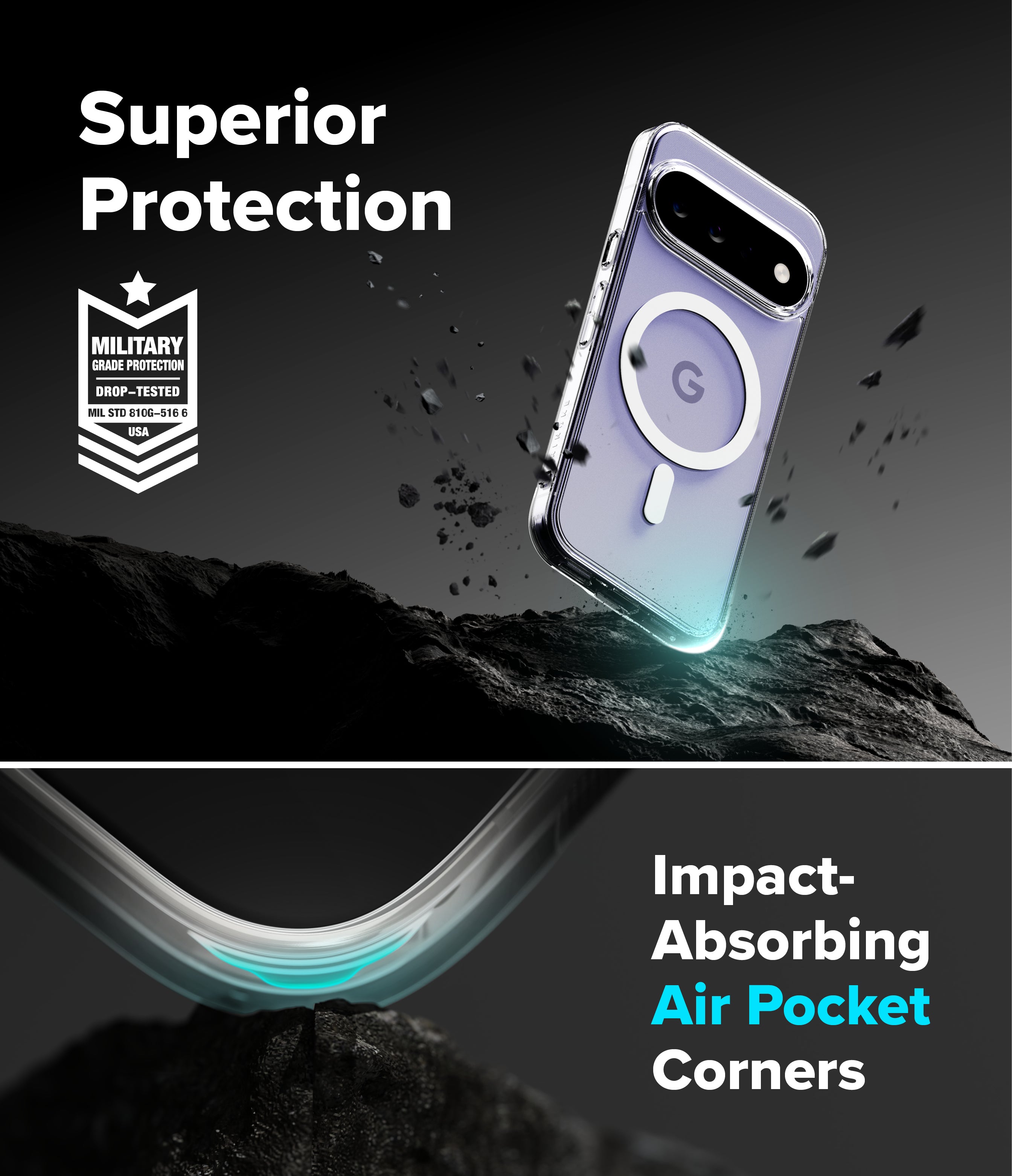 Google Pixel 11 Case | Fusion Magnetic - A clear protective phone case shown on a smartphone, with marketing text reading 'Superior Protection' and 'Impact-Absorbing Air Pocket Corners.' The case appears transparent with a subtle blue glow at the edges, and the phone is floating above dark rocky terrain in a dramatic studio-style graphic.