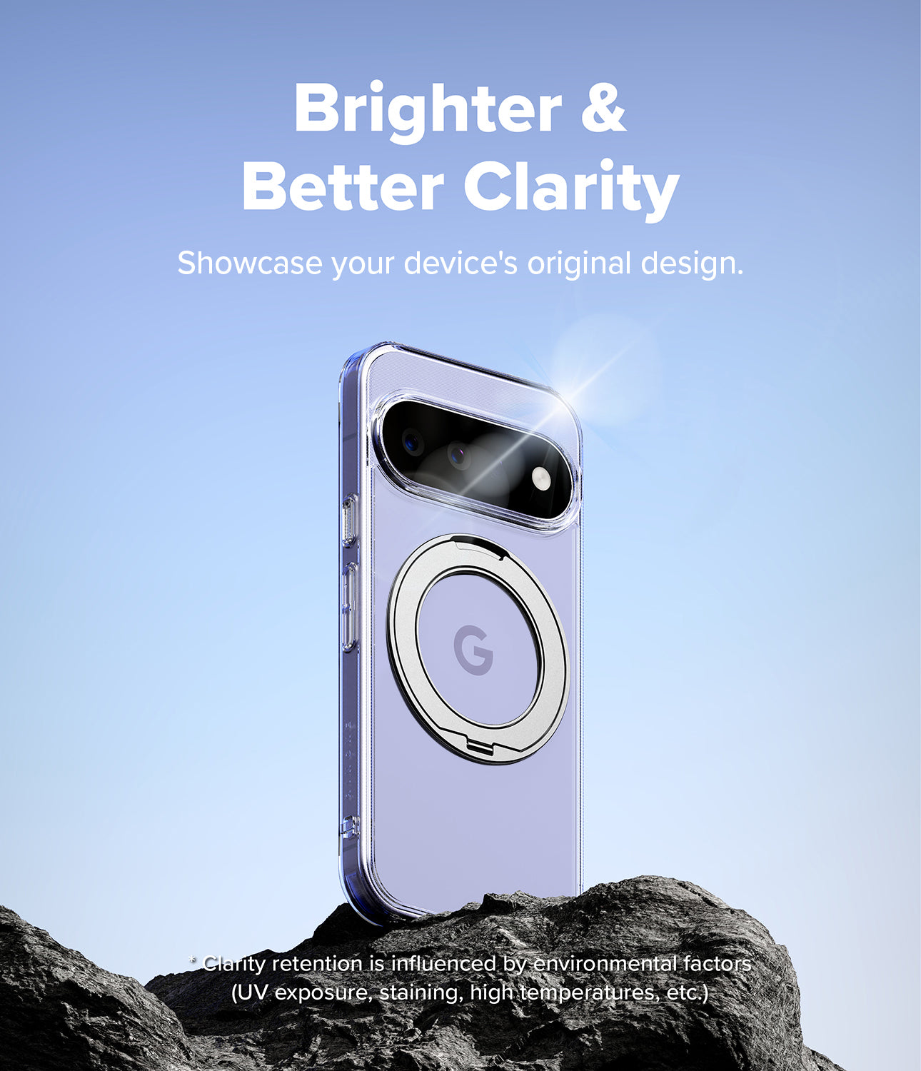 Google Pixel 11 Case | Fusion Ring - A clear phone case with a light purple back panel and a silver magnetic ring, shown on a smartphone standing on dark rocks against a blue sky background. Text at the top reads 'Brighter & Better Clarity'.