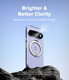 Google Pixel 11 Case | Fusion Ring - A clear phone case with a light purple back panel and a silver magnetic ring, shown on a smartphone standing on dark rocks against a blue sky background. Text at the top reads 'Brighter & Better Clarity'.