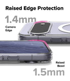 Google Pixel 11 Case | Fusion Magnetic - A promotional graphic showing a clear phone case with raised edges, labeled 'Raised Edge Protection' and '1.4mm Camera Edge' and '1.