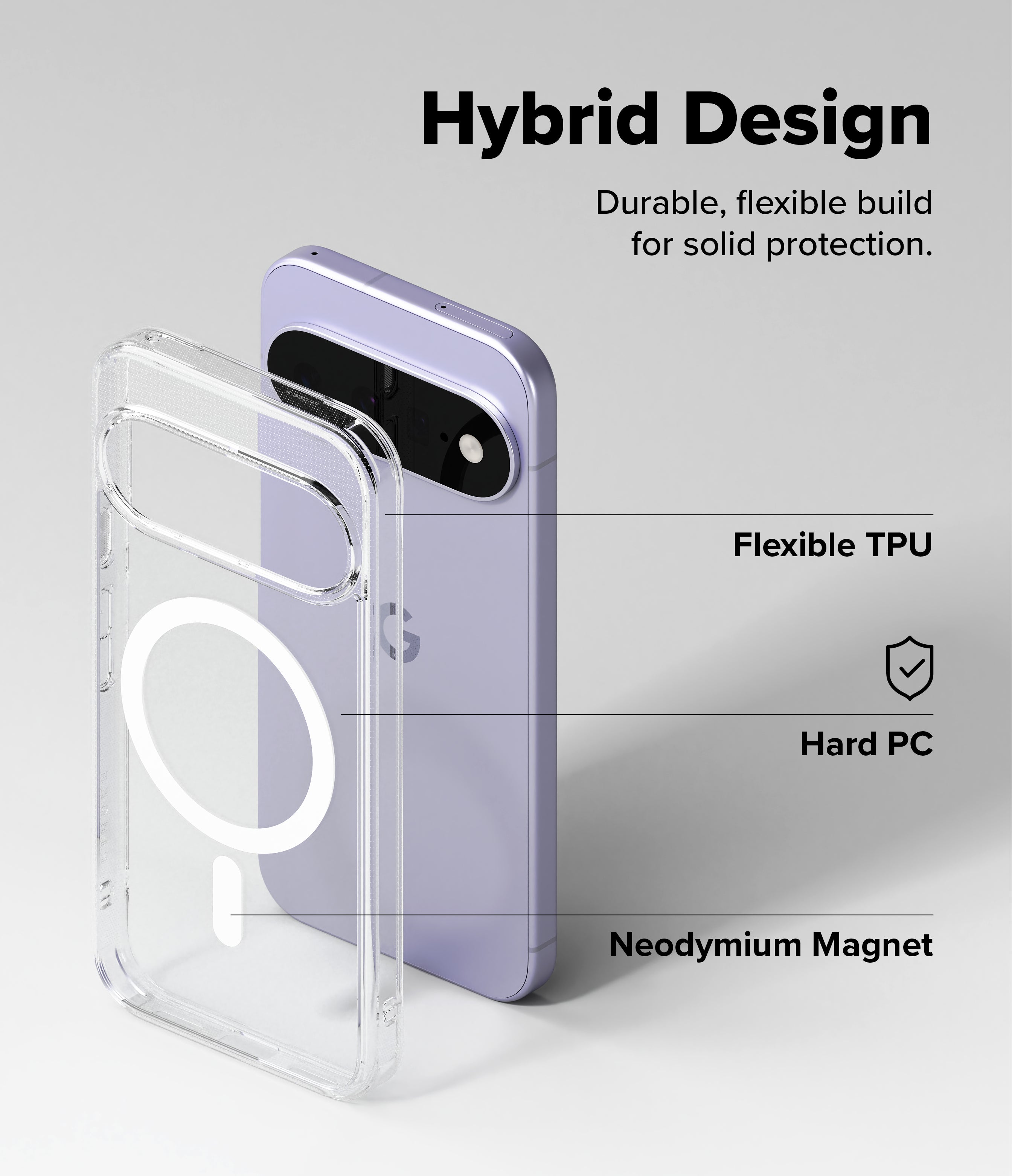 Google Pixel 11 Case | Fusion Magnetic - Clear hybrid phone case shown with a lavender smartphone on a light gray background, with text reading 'Hybrid Design' and callouts for Flexible TPU, Hard PC, and Neodymium Magnet.