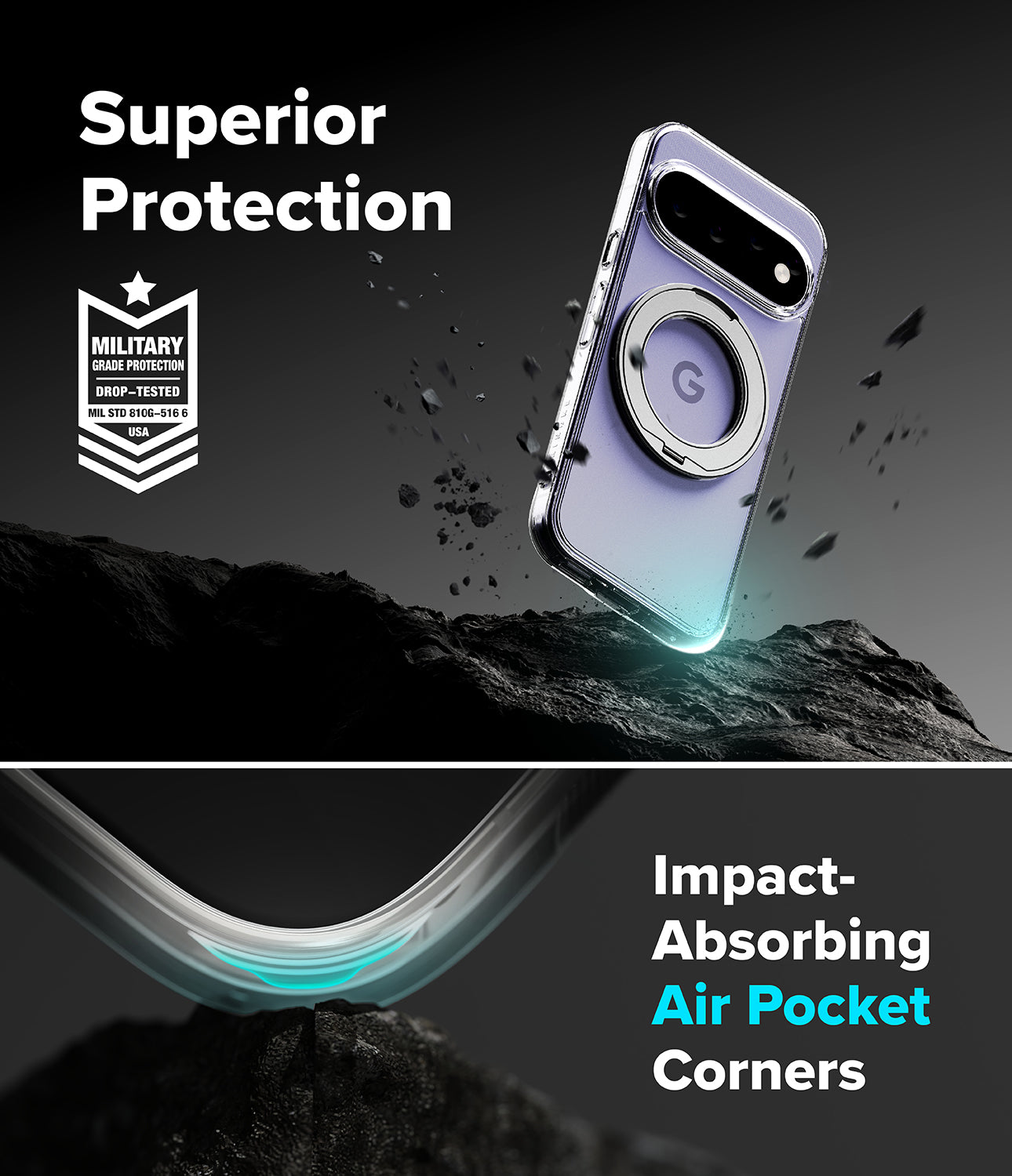Google Pixel 11 Case | Fusion Ring - A clear protective phone case with a circular MagSafe ring is shown floating above dark rocky terrain in a promotional graphic. Text reads 'Superior Protection' and 'Impact-Absorbing Air Pocket Corners,' with a military drop-test badge on the left.