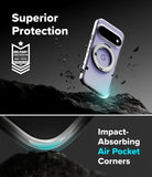 Google Pixel 11 Case | Fusion Ring - A clear protective phone case with a circular MagSafe ring is shown floating above dark rocky terrain in a promotional graphic. Text reads 'Superior Protection' and 'Impact-Absorbing Air Pocket Corners,' with a military drop-test badge on the left.