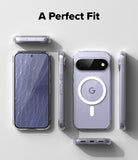 Google Pixel 11 Case | Fusion Magnetic - A clear MagSafe-compatible phone case shown on a smartphone from multiple angles, with the back view centered and the text 'A Perfect Fit' above. The case is transparent and the phone inside appears light lavender-gray.