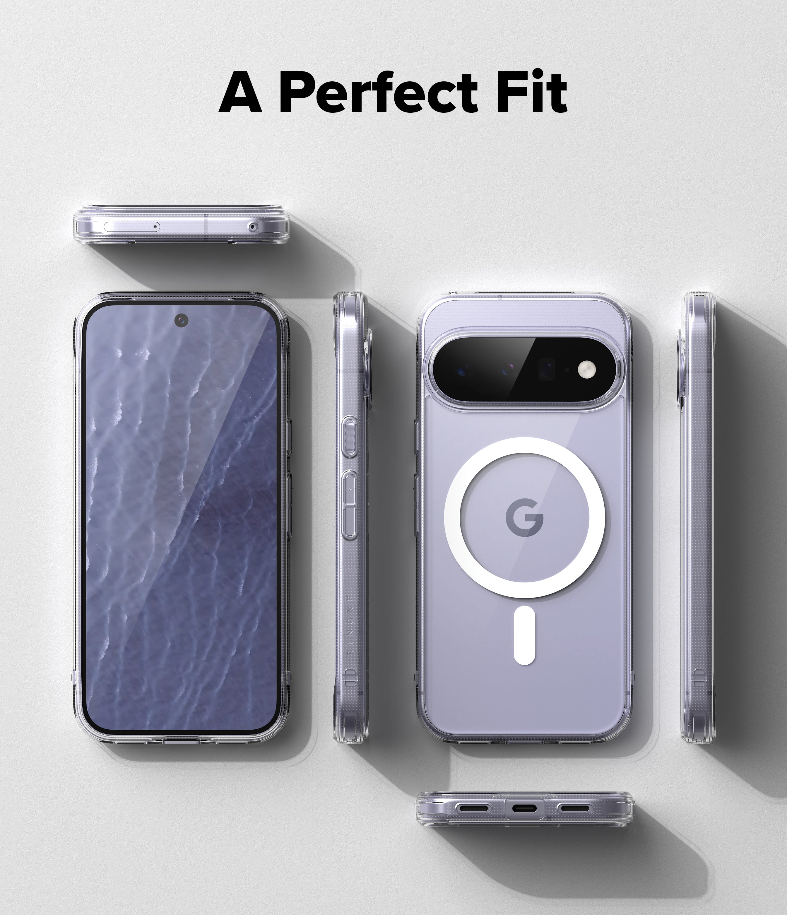 Google Pixel 11 Case | Fusion Magnetic - A clear MagSafe-compatible phone case shown on a smartphone from multiple angles, with the back view centered and the text 'A Perfect Fit' above. The case is transparent and the phone inside appears light lavender-gray.
